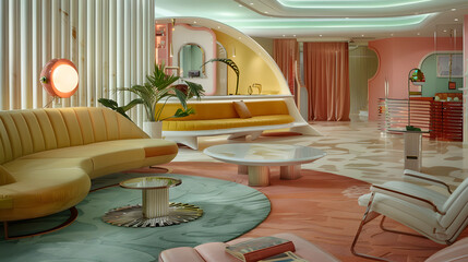 retro futurism living room with 1960s inspired furniture, pastel colors, chrome accents, futuristic details, cinematic 16:9