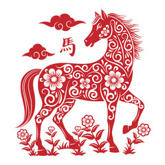 Chinese New Year 2026 Zodiac Sign with  papercut style. Translation : Horse