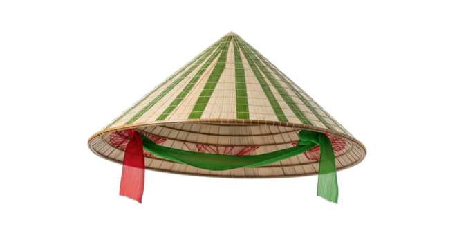 Vietnamese conical hat isolated on transparent background featuring green stripes and red accents