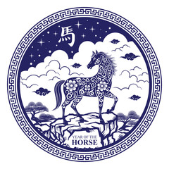 Chinese New Year 2026 symbol with chinese circular frame. Translation : Horse