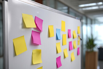 Whiteboard with colorful sticky notes and markers in modern office meeting room