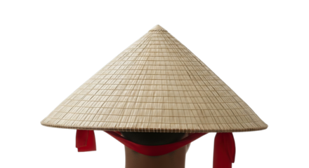 Traditional vietnamese conical hat isolated on transparent background with red chin strap and neutral color