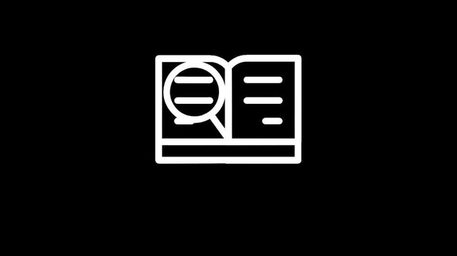 Book and magnifying glass icon on a black background.