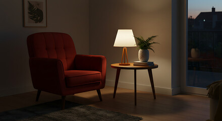 Cozy armchair with a lit lamp on a side table next to a window at dusk, creating a warm and inviting atmosphere in a living room