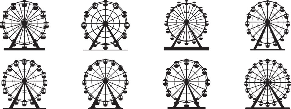 A set of Ferris wheel black and white silhouette vector illustration flat design