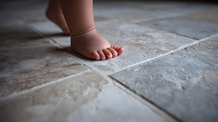 A baby takes their first steps on a textured tile floor inside of their home learning to walk on their own.