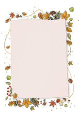 autumn leaves berries mushrooms framework template with empty paper sheet.Autumn vibes presentation ,invitation ,greeting concept.