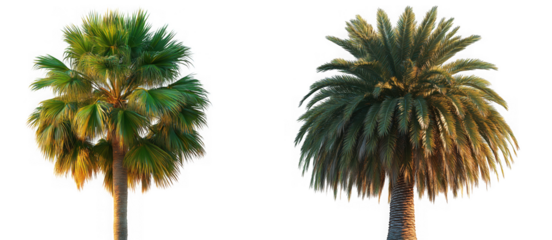 Two palm trees with green and brown leaves, isolated on transparent background, perfect for tropical landscape design or vacationthemed graphics