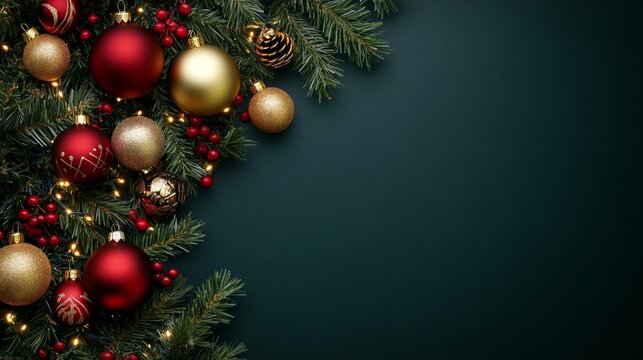 Corner view of decorated Christmas tree with red and gold ornaments against dark green backdrop for festive holiday occasions