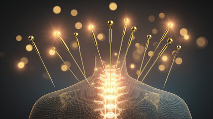 acupuncture. Golden acupuncture needles floating in mandala formation above a spine silhouette, glowing with healing energy at key points. STEM education sheets.