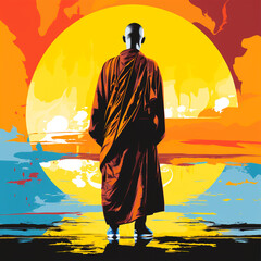 Painting of monks and nuns turning their backs to look at things.