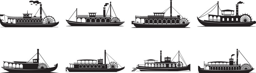 A set of Traditional wooden gondola boat black and white silhouette vector illustration
