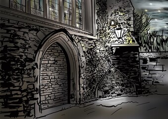 Illustration of a street in the old city at night, sketch