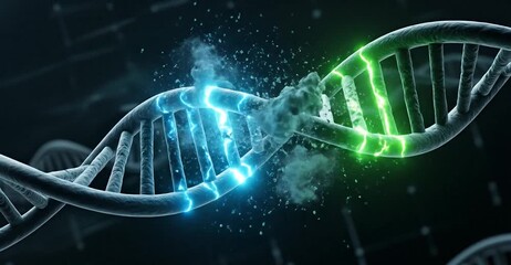 Dynamic DNA helix undergoing genetic mutation and transformation with vibrant energy bursts - Powered by Adobe