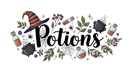 Charming halloween potion illustration with witch hat, cauldrons and potion bottles on a white