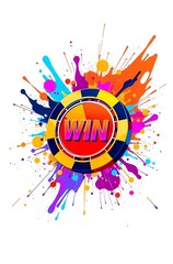 Obraz premium A colorful casino chip with the word win on it surrounded by paint splatters