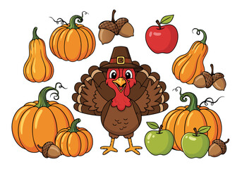 Thanksgiving Cute Cartoon Set for Kids Turkey, Pumpkins, Apples, and Acorns