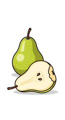 Illustration of two pears one whole and one cut in half.