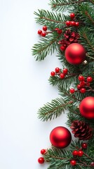 Obraz premium Festive Christmas tree branches adorned with colorful hanging toys on plain white background