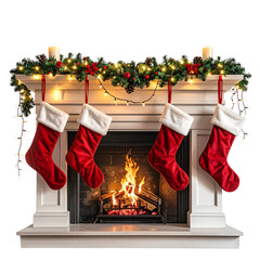 Christmas Stockings Hanging Over Fireplace on Transparent Background