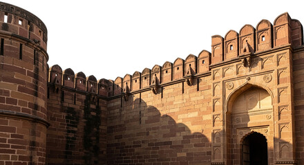 Exterior view of the agra fort showing the intricate details of the architecture isolated on transparent background
