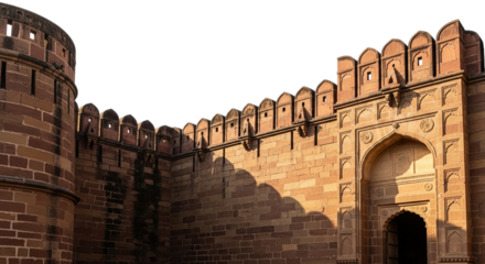 Exterior view of the agra fort showing the intricate details of the architecture isolated on transparent background