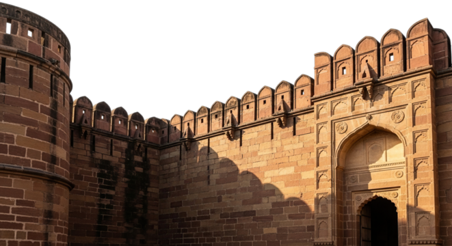 Exterior view of the agra fort showing the intricate details of the architecture isolated on transparent background