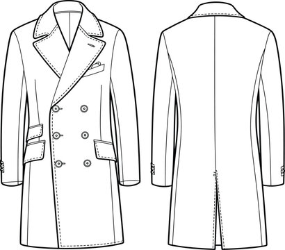 Flat vector CAD drawing of classic double-breasted men's overcoat with peak lapel, flap pockets, long sleeves, fashion sketch illustration