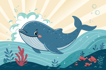 Showcasing Cartoon Whale Swimming With Glowing Water Waves Stunning Professional Photo