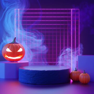 Spooky Halloween Scene with Glowing Pumpkins and Podium,