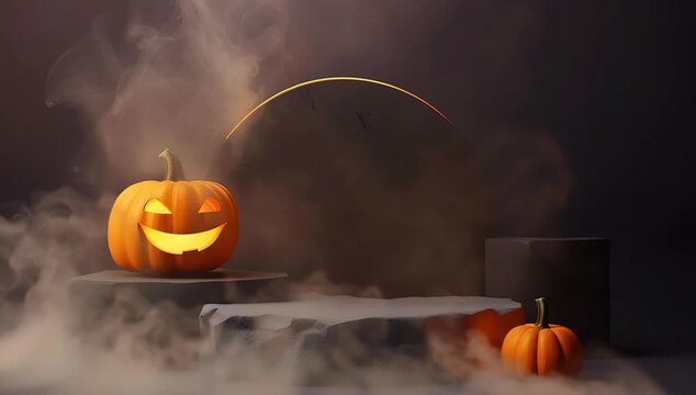 Spooky Halloween Scene with Glowing Pumpkins and Podium,