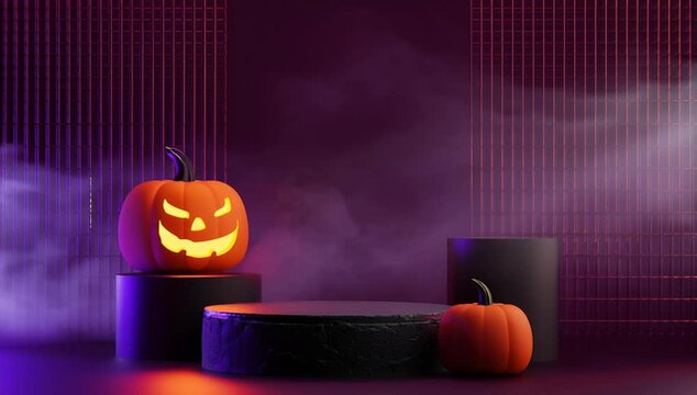 Spooky Halloween Scene with Glowing Pumpkins and Podium,