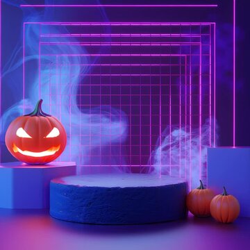 Spooky Halloween Scene with Glowing Pumpkins and Podium,