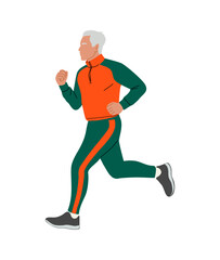 Senior man jogging in side view, lean body, wearing red and green track suit, Flat vector illustration isolated on transparent background. Perfect for fitness, health, and lifestyle design. 