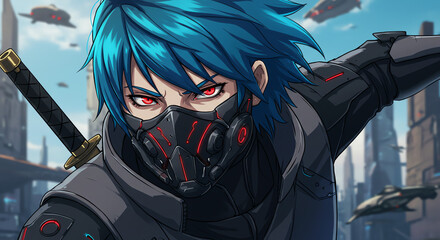 Cyberpunk character with sword and futuristic cityscape