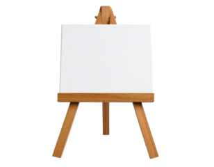 Wood art easel stand with a blank canvas isolated on transparent background