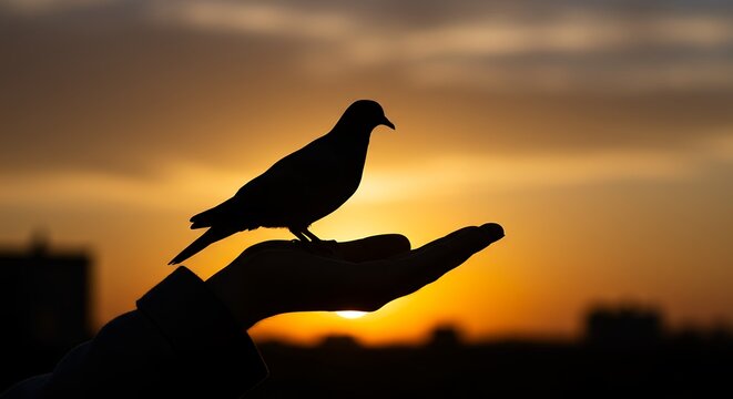 Silhouette of a dove perched on a hand against a sunset sky