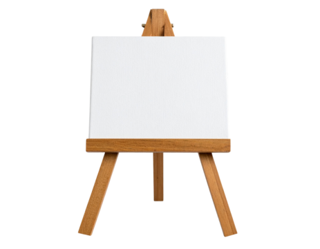 Wood art easel stand with a blank canvas isolated on transparent background