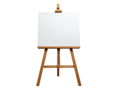 Wood art easel stand with a blank canvas isolated on transparent background