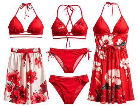 Set of Flat lay of a FLAXMAKER monokini swimsuit set with red floral print and matchi