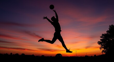 Silhouette of person jumping with ball at sunset against a vibrant sky