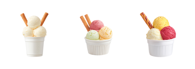 Assortment of delectable ice cream scoops in white cups and bowls, garnished with wafer sticks, isolated PNG set Transparent backround