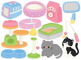 Cute cartoon cat and pet supply clip art illustration with litter box food bowl scratching post toy collar brush carrier bed and playful kitten 