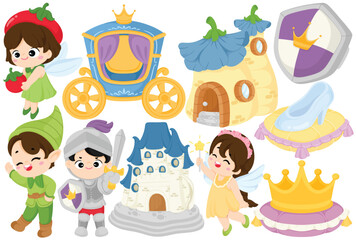 Cute cartoon fairy tale clip art illustration with princess prince knight fairy castle pumpkin house carriage glass slipper crown and shield element in decorative fantasy handdrawn design