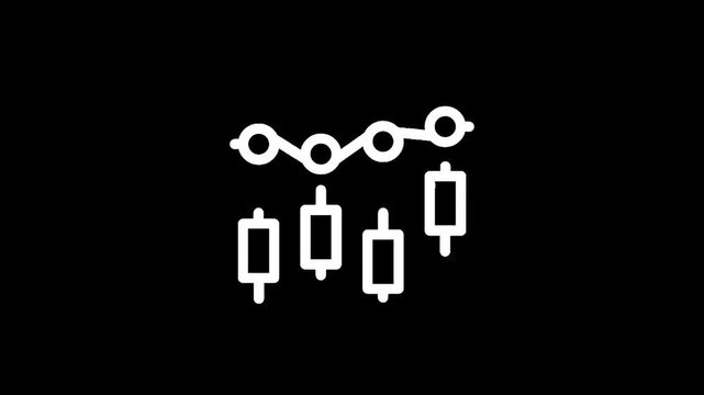 Financial chart with candlestick patterns and a line graph on black background.