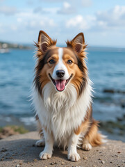 Portrait of a happy shetland sheepdog isolated in serene seaside background