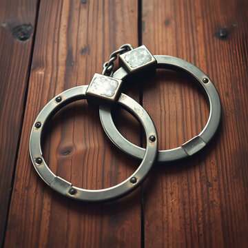 vintage metal handcuffs on the wooden table