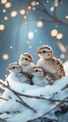 Peaceful Quail and Chicks in Blue Nighttime Winter Forest Scene