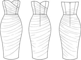 Flat vector CAD drawing of elegant strapless ruched bodycon dress, front and back views, technical sketch for fashion design template