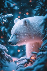 Peaceful White Bear Standing in Snowy Blue Christmas Night Forest Landscape